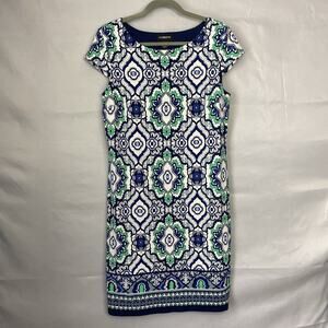 Liz Claiborne Dress M Cap Sleeve Sheath SS Damask Print Stretch Pull Over Career